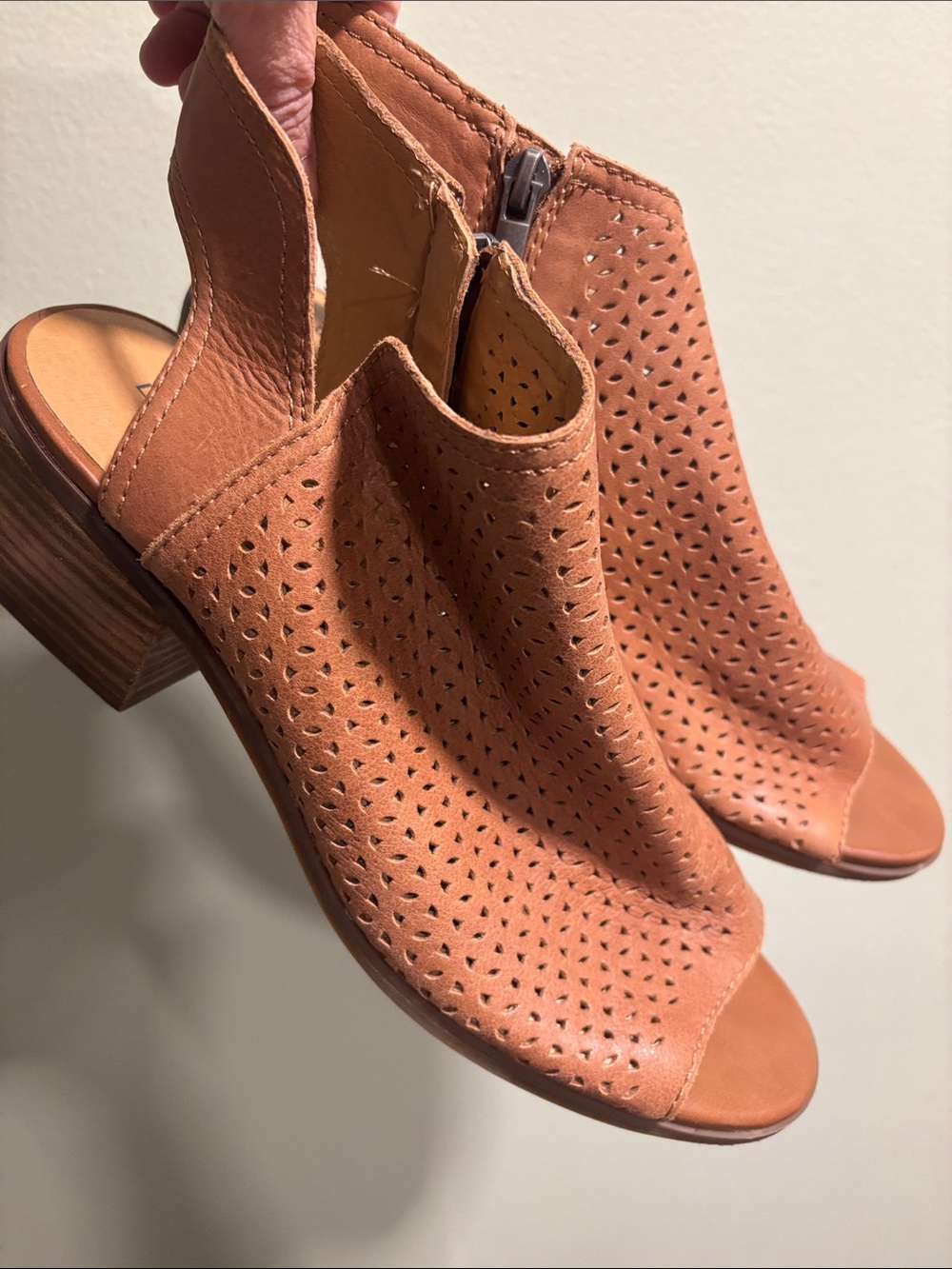 Lucky Brand Cognac Perforated Peep-Toe Ankle Boots